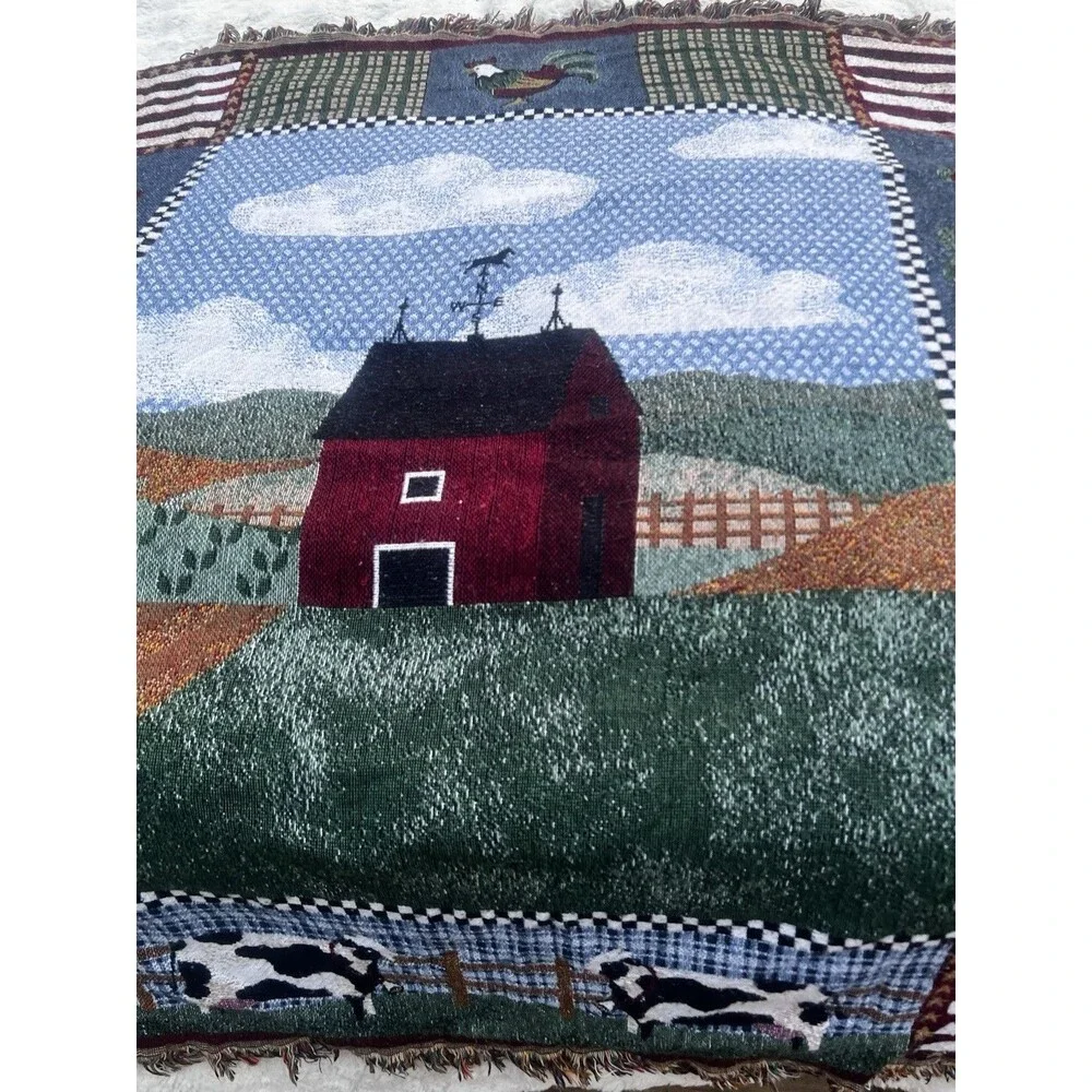 Farmhouse Woven Throw Blanket Red Barn Cows Rooster Americana Fringe 56x48